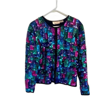 Linda chaqueta de colección Laurence Kazar de seda con cuentas y lentejuelas a cuadros multicolor talla L Foto 1 de 4