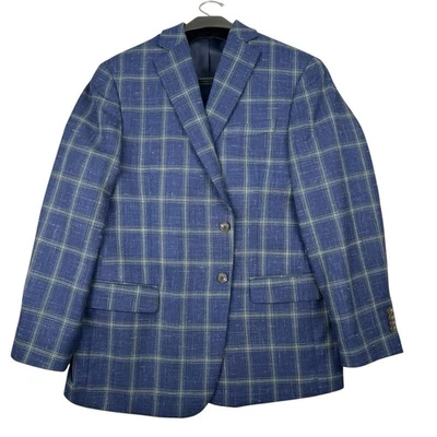 Jos. A. Bank Blazer Men's 44 Regular Wool Linen Blend Blue Windowpane Plaid Coat - Image 1 of 4