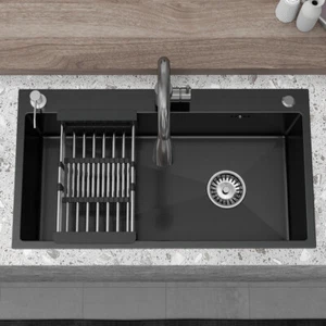 28"/30"/32" Drop In Kitchen Sink Stainless Steel Single Bowl Top Mount Black - Picture 1 of 15