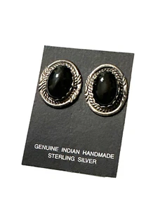 Vintage Onyx & Sterling Silver Navajo Earrings Oval Pierced NEW Signed H WOOD - Picture 1 of 11