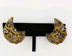 Vintage Crescent Moon Gold Tone Clip On Earrings White Smokey Blue Rhinestone - Picture 1 of 11
