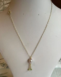 Pale Pink Freshwater Pearl & Gem Pendant on 16.5" GP 925 Silver Cable Chain - Picture 1 of 5