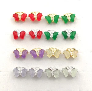 Multicolor Red Green Purple Real Jade Butterfly 18KGP Rhinestone Stud Earrings - Picture 1 of 31