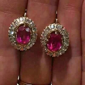 2Ct Oval Cut Lab Created Pink Ruby Drop Wedding Earrings 14K Yellow Gold Plated - Picture 1 of 5