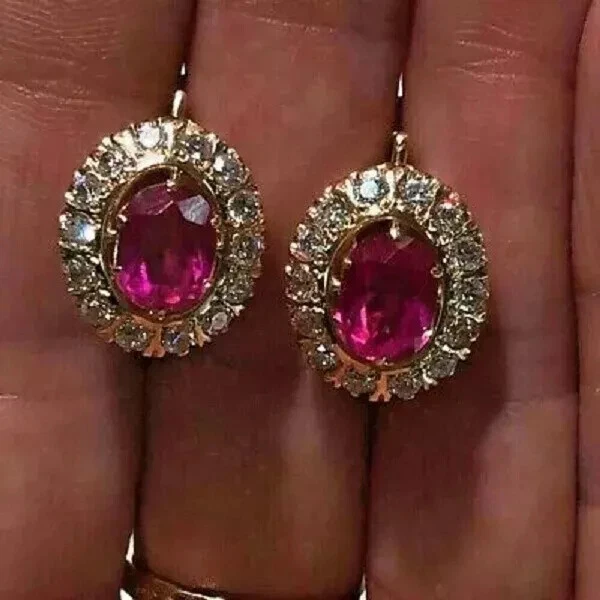 2Ct Oval Cut Lab Created Pink Ruby Drop Wedding Earrings 14K Yellow Gold Plated - Image 1 of 4
