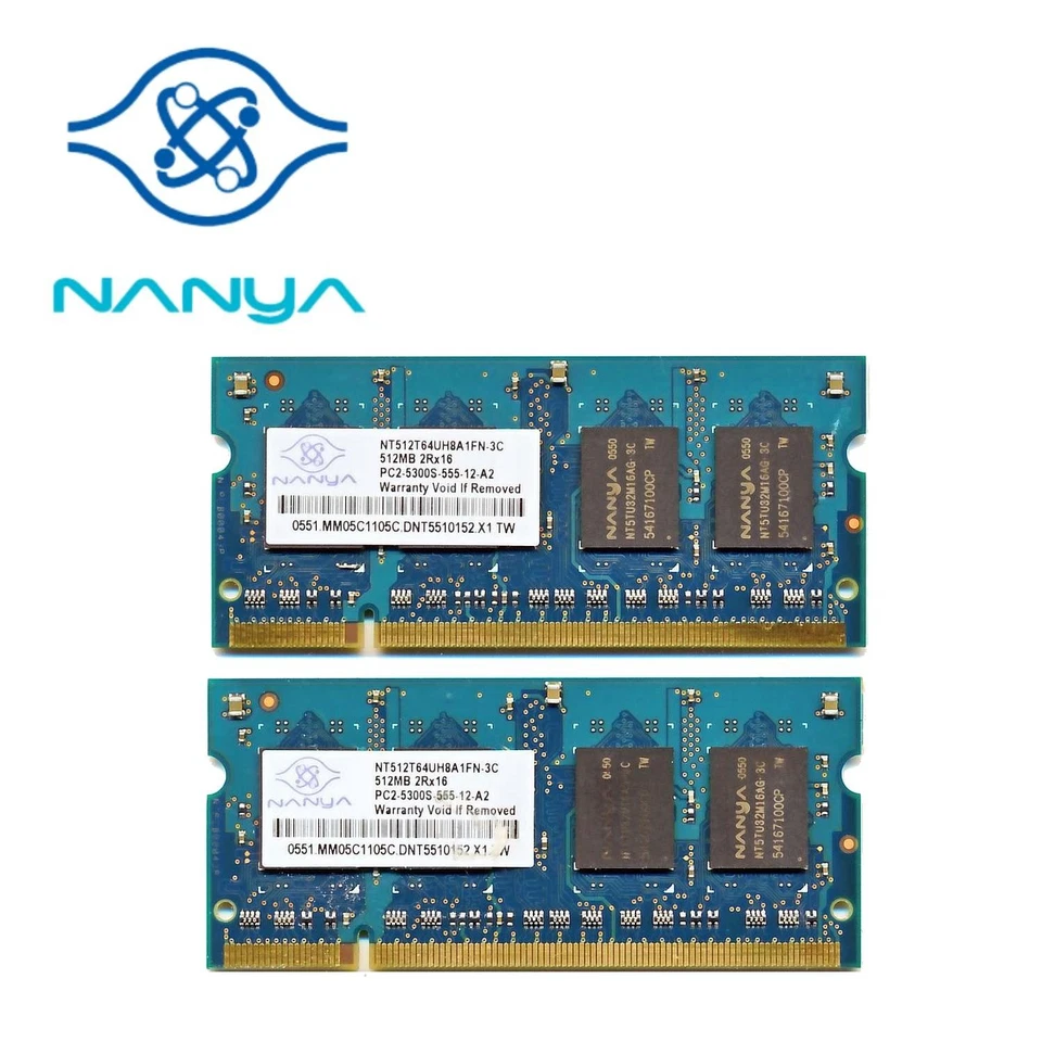 NANYA 1GB 2x512MB PC2-5300S DDR2 - NT512T64UH8A1FN-3C SODIMM - MEMORIA NOTEBOOK - Immagine 1 di 1