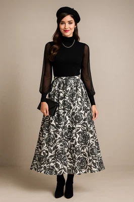 Point of View Skirt Womens M Black White Floral Chiffon Mod Whimsigoth Statement - Image 1 of 4