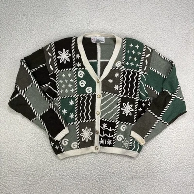 Vtg Knit Cardigan Sweater Sz M Green Check Cottage Grandma 90s Mixed Print - Image 1 of 4