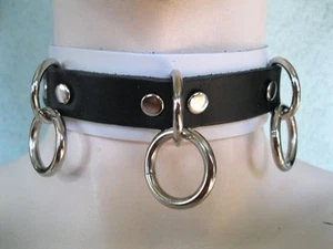 White and Black Leather Collar, Choker 3 Rings - Picture 1 of 1