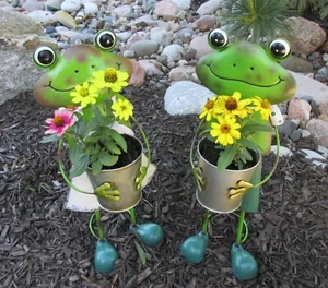 Pair TWO Metal FROG PLANTERS Flower/Plant Pots Standing Figurines Sculpture*NEW! - Picture 1 of 6