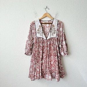 NWOT DAUGHTERS OF INDIA Diya Mini Dress Lined in Chestnut Floral Print Sz L - Picture 1 of 14