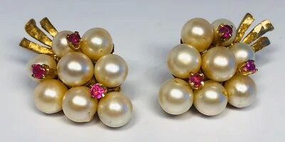 Retro 14K Yellow Gold Natural Pearls Rubies Clip-On Earrings - Image 1 of 4