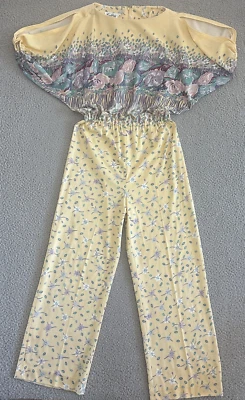 Vintage 70s Jumpsuit Medium Floral Butter Yellow Mod Boho Festival All Over - Image 1 of 4