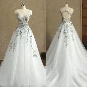 Elegant Flowers Embroidery Flowers Wedding Dresses with Spaghetti Straps Bridal - Picture 1 of 9