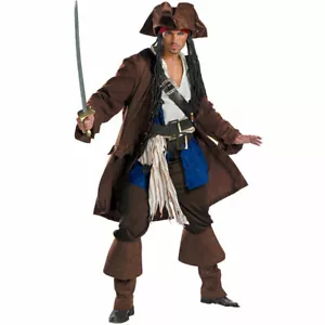 Mens Pirates Of The Caribbean Captain Jack Sparrow Fancy Dress Costume Deluxe - Picture 1 of 1