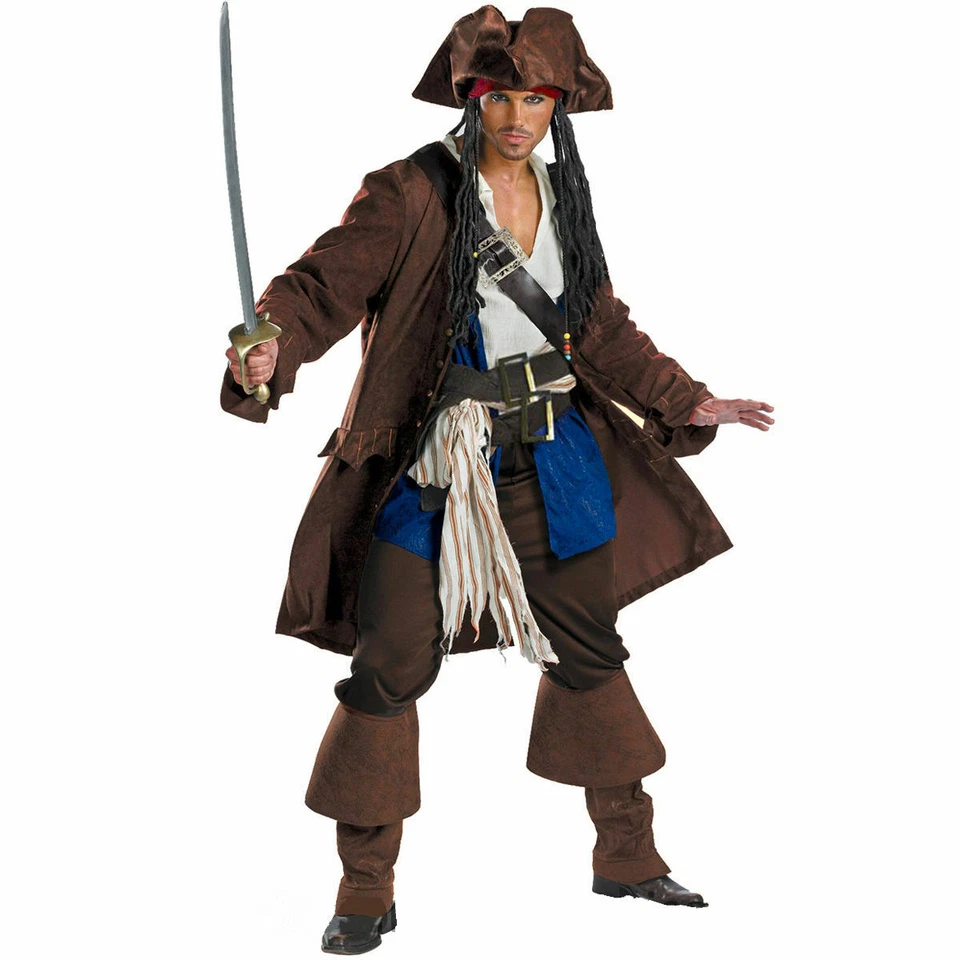 Mens Pirates Of The Caribbean Captain Jack Sparrow Fancy Dress Costume Deluxe - Image 1 of 1