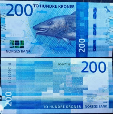 Norway 2016 Koner Banknote - Fish - 100% UNC Bone - 200 Krones Money - Image 1 of 4