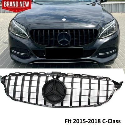 Gloss Black Front Grille w/Emblem For Mercedes Benz W205 C250 C300 C43 2015-2018 - Image 1 of 4