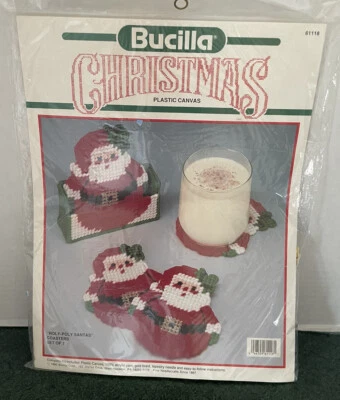 Vintage Bucilla Christmas Plastic Canvas Kit Coasters & Holder Roly Poly Santa - Image 1 of 4
