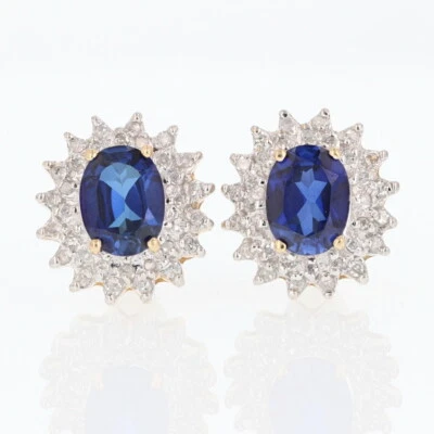 3.02ctw Lab-Created Sapphire & Diamond Stud Pair Earrings 14k Multi-Tone Gold - Image 1 of 4