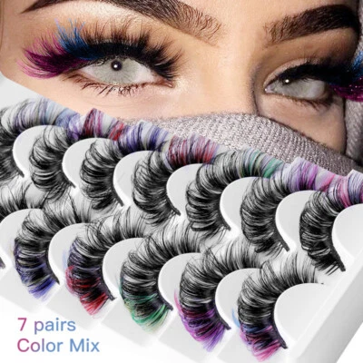 7Pairs Natural Thick Fluffy Fake Eyelashes Colored 3D Dramatic Russian Lashes  - Image 1 of 4