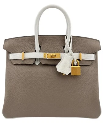 Hermes Birkin 25 Pedido Especial Gris Tourterelle Blanco Gris Cuero Cepillado Dorado Foto 1 de 4