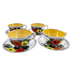 Vintage Set of 4 Lusterware Porcelain Tea Cups & Saucers Hand Painted Flowers - Bild 1 von 8