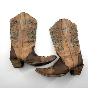 Corral Vintage Women's 9.5 Brown Turquoise Floral Cowgirl Boots C1620 - Picture 1 of 10