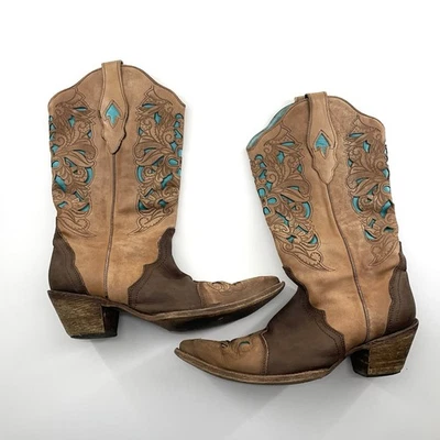Corral Vintage Women's 9.5 Brown Turquoise Floral Cowgirl Boots C1620 - Image 1 of 4