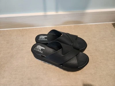 Sorel Mujer 8 Cameron Sandalias Mula Forma Plana Zapatos Cuero Negro Tacones de Cuña Foto 1 de 4