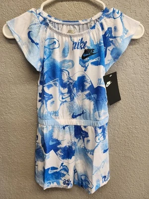 Nike девочек размер 5 Summer Romper Nike логотип печать синий/белый/футбол серый новый в упаковке - Изображение 1 из 4