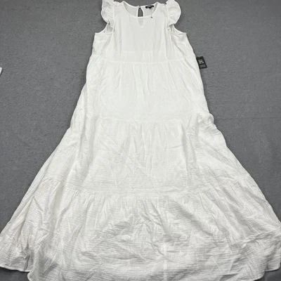 NUEVO Maxi Vestido Express Para Mujer XL Blanco Gasa Aireada En Niveles Manga Gorra En Capas Foto 1 de 4