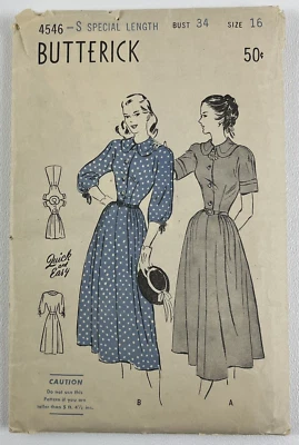 Butterick 4546-S 40s Dress Sz 16 34" Bust WWII Unprinted Sewing Pattern VTG OOP - Image 1 of 4