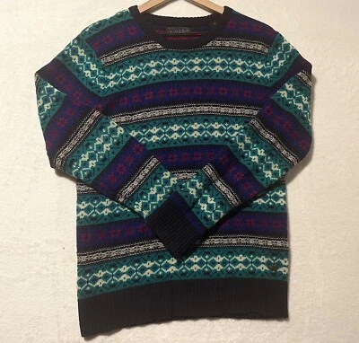 Suéter Scotch & Soda Para Hombres Fair Isle Verde azulado Azul Marino Cuello Redondo Lana de Cordero Talla M Foto 1 de 4