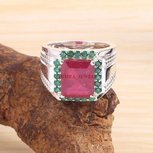 Heated Ruby And Green Onyx Gemstone With 925 Sterling Silver Ring for Men's #1 - Picture 1 of 3
