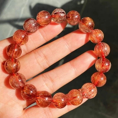 11mm Natural Copper Rutilated Quartz Crystal Stretch Beads Bracelet 7 - Image 1 of 4