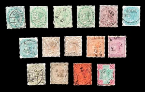 Aden Stamps 1866-1900 QV India 1/2a, 1a, 4a, 12a 1r: Range of Aden Postmarks - Picture 1 of 2