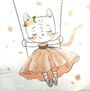 N628# 3 servilletas de papel individuales para decoupage artesanía gato en vestido melocotón en columpios - Imagen 1 de 7