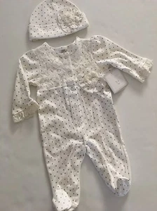 Baby Essentials Girl Coverall Hat Size NEWBORN 3 6 9 months Ivory Lace Polka Dot - Picture 1 of 3