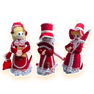 1950s-60s 7” Flocked Christmas Ornament Caroler Ladies Figurines Japan Set Of 3 - Picture 1 of 12