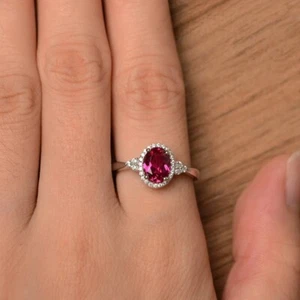 Dainty Pink Ruby Halo Ring Lab Created Gemstone 925 Sterling Silver Women Ring - Picture 1 of 5