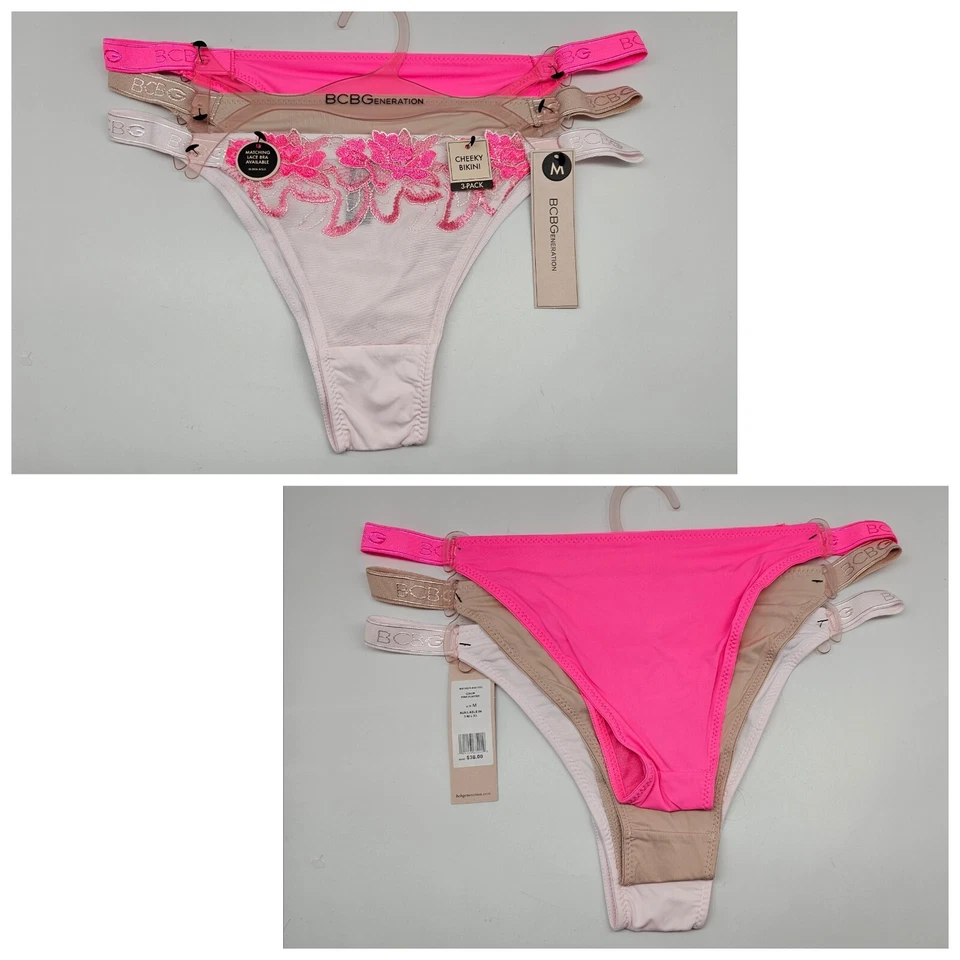BCBGeneration 3Pk Womens M L XL Logo Lace Cheeky Bikini Panties Pink Beige Blush Foto 1 de 4