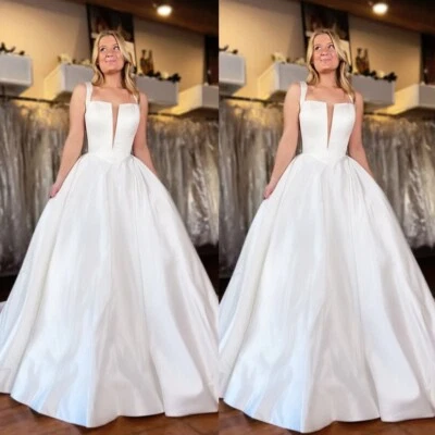 Beach Boho White Wedding Dresses Square Neck A Line with Train Bridal Gowns - Image 1 of 4