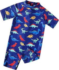 Boys One Piece Swimsuit Short Sleeves Rash Guard Zipper Bathing Suits Swim Shirt - Picture 1 of 12
