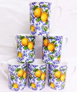 Italian Lemons Mugs Set 6 Fine Bone China Yellow Blue Castle Cups Decorated UK