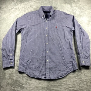Polo Ralph Lauren Mens M Long Sleeve Dress Shirt Blue Check EUC Red Pony - Picture 1 of 7