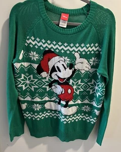 Disney Women's Mickey Mouse Santa Christmas Sweater XL Green Ugly Snowflake - Picture 1 of 5