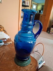 Cobalt Blue Art Glass Pitcher Vase with Paper Label Hand Made in spain For... - Picture 1 of 8