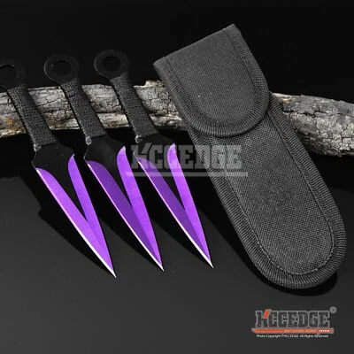 3PC 6.5" Knife Set + Sheath Ninja Kunai Emergency Fixed Blade Knife Double Edge - Image 1 of 4