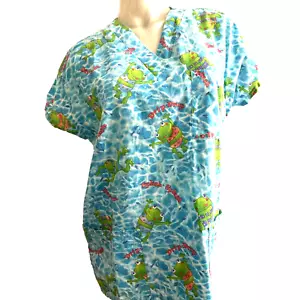 Women’s Simply Basic Blue Water And Green Frogs Scrub 3 Pockets Size Medium 8 10 - Picture 1 of 9